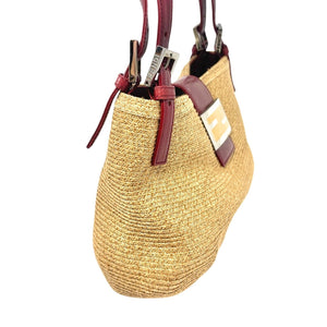FENDI Vintage Logo Mamma Baguette Shoulder Bag Straw Raffia Red Leather