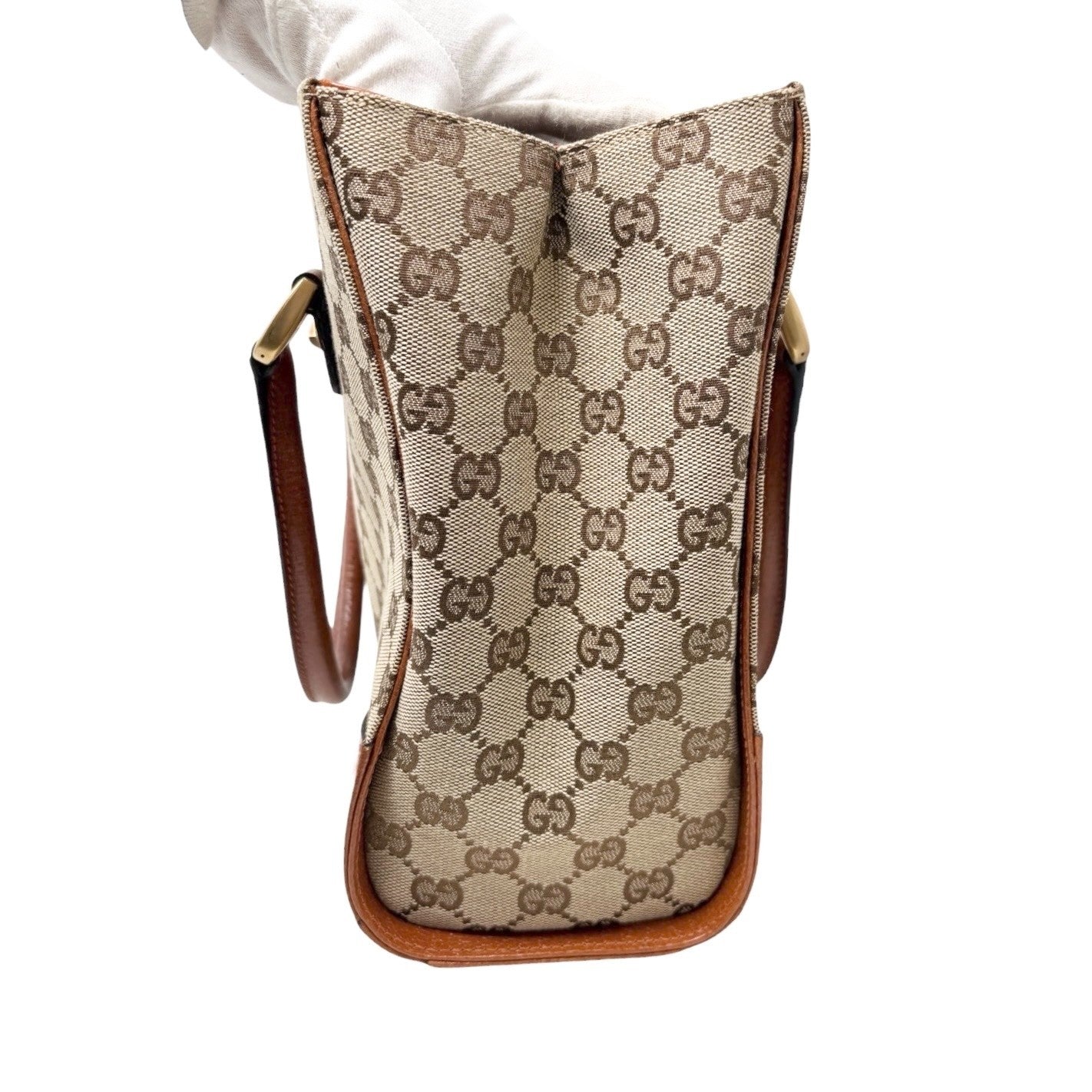 GUCCI Vintage GG Canvas Monogram Tote Bag Nailhead Orange Brown Studs Leather