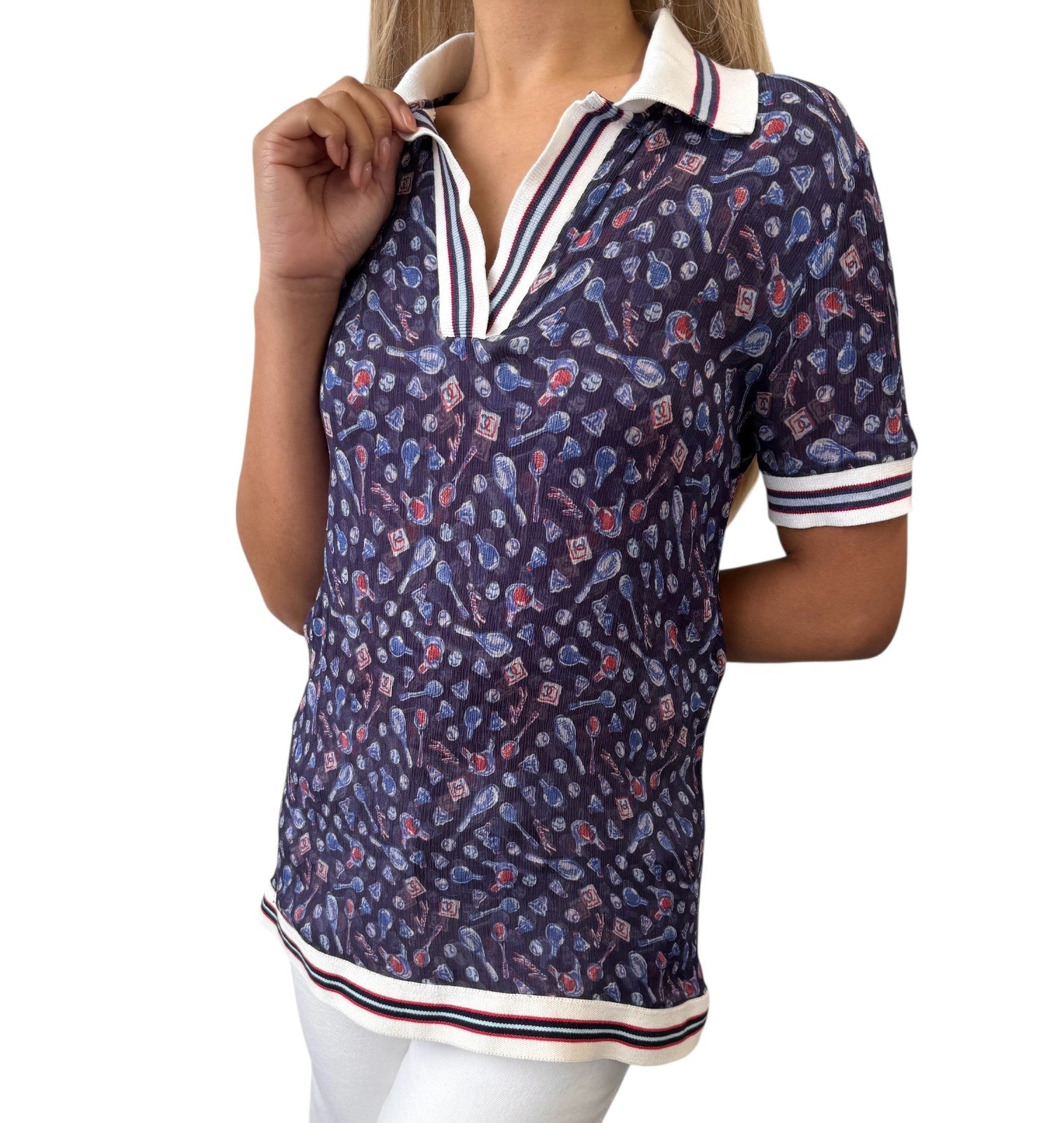 CHANEL Sport Vintage 06P Polo Shirt Top #34 Blue White Silk V-Neck Tennis