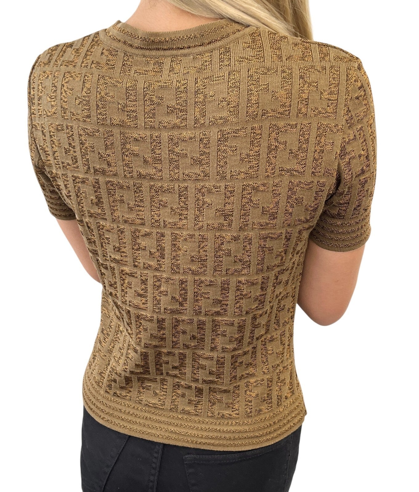 FENDI Vintage Zucca Monogram Logo Knit Top Short Sleeve Sweater Brown Cotton