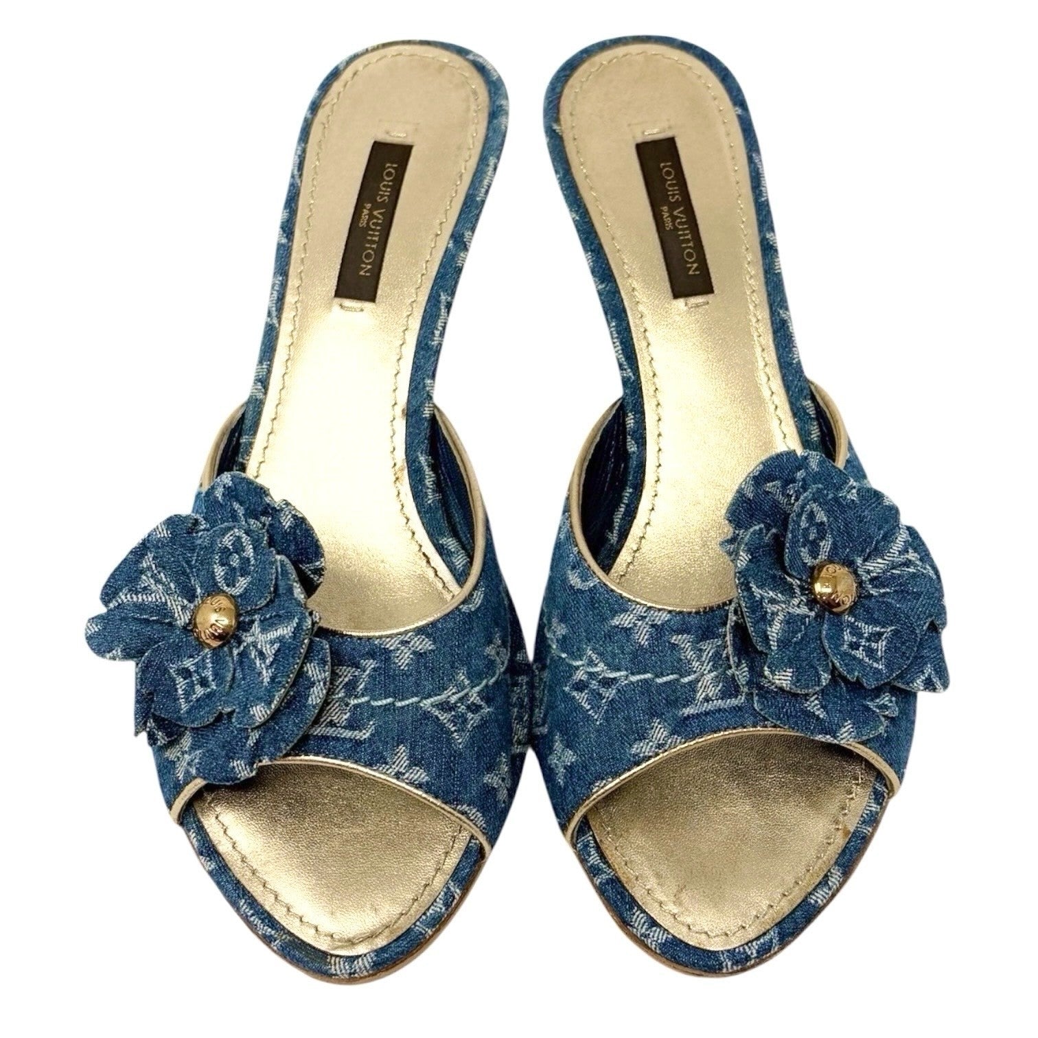 LOUIS VUITTON Vintage Monogram Denim Heels Sandals #36.5 Blue Gold Corsage