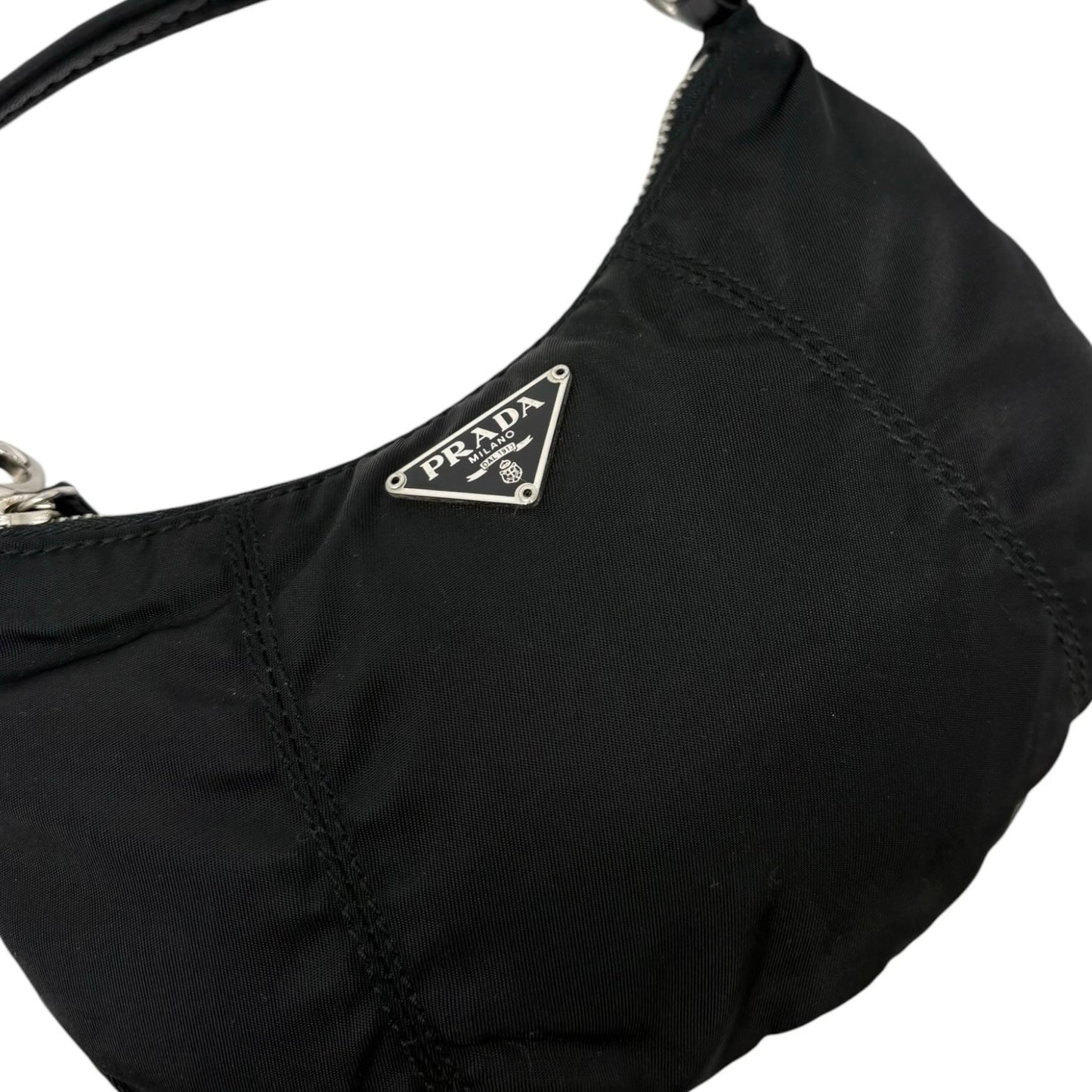 PRADA Vintage Triangle Logo Tessuto Nylon Mini Bag Pouch Black Silver Leather