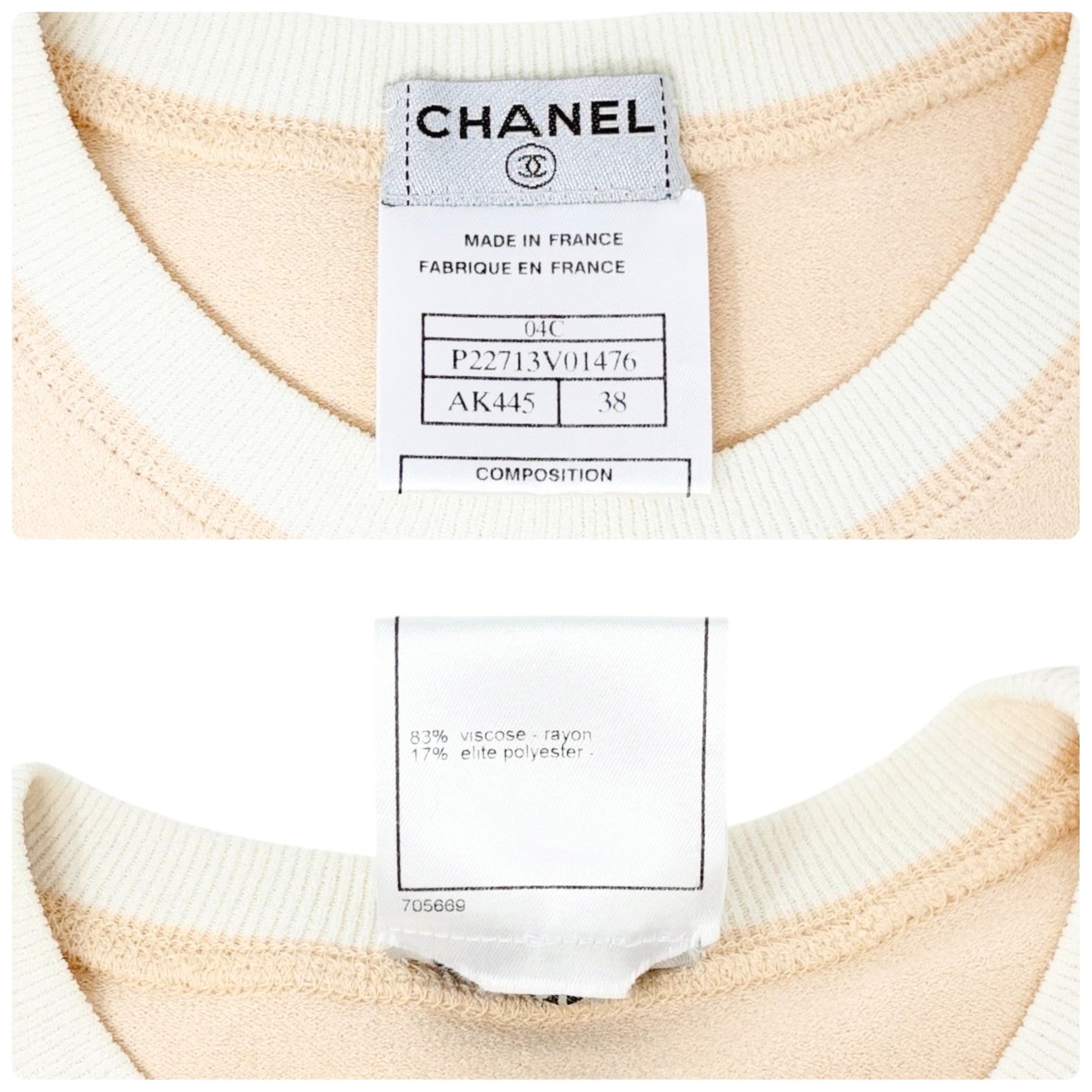 CHANEL Vintage 04C CC Mark Logo Bicolor T-shirt #38 Beige Pink White Rayon