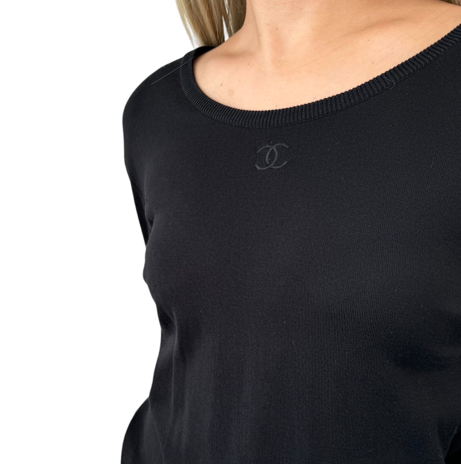 CHANEL Vintage 95C CC Long Sleeve Knit Top #38 Pullover Black Cotton RankAB