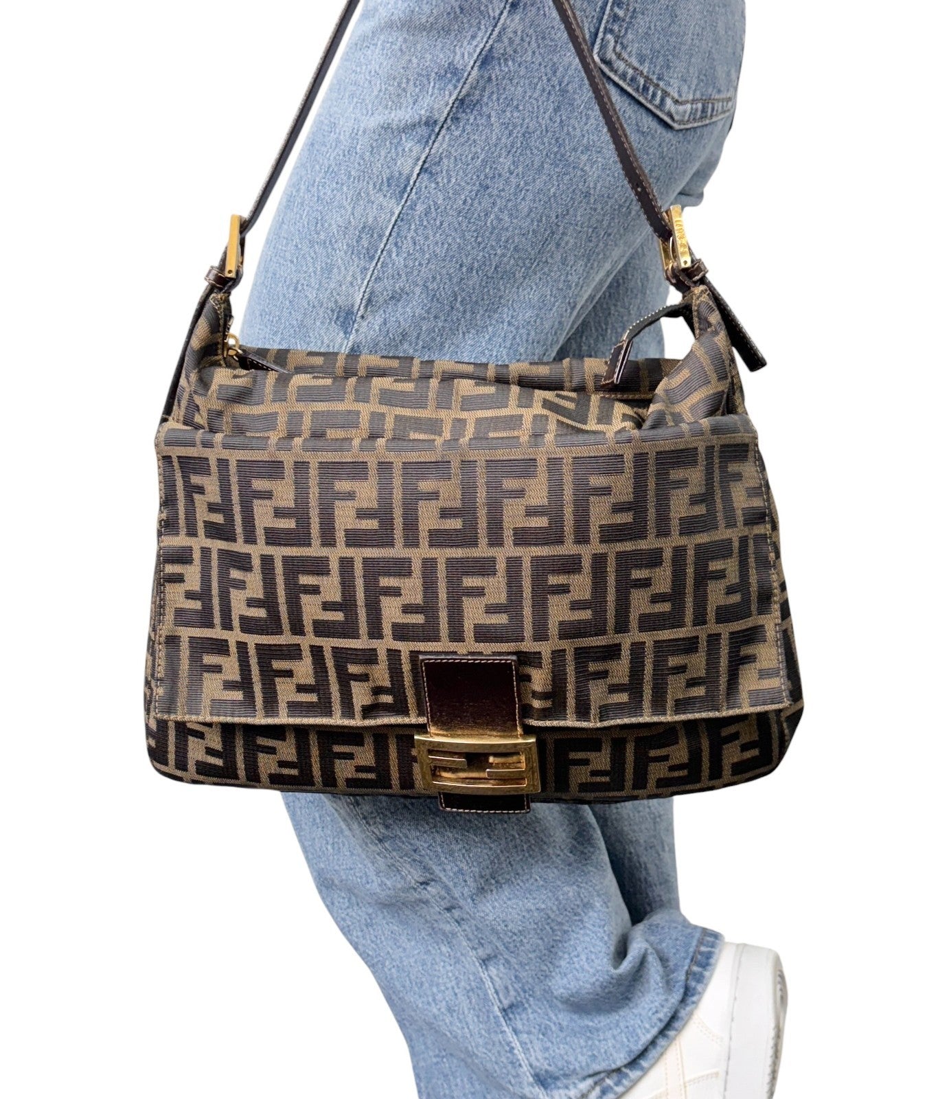 FENDI Vintage FF Zucca Mamma Baguette Pocket Shoulder Bag Brown Canvas 902439