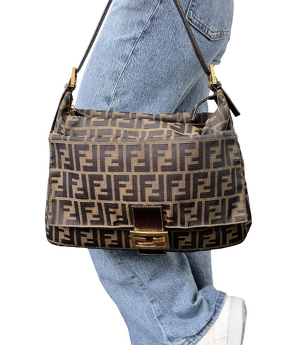 FENDI Vintage FF Zucca Mamma Baguette Pocket Shoulder Bag Brown Canvas 902439