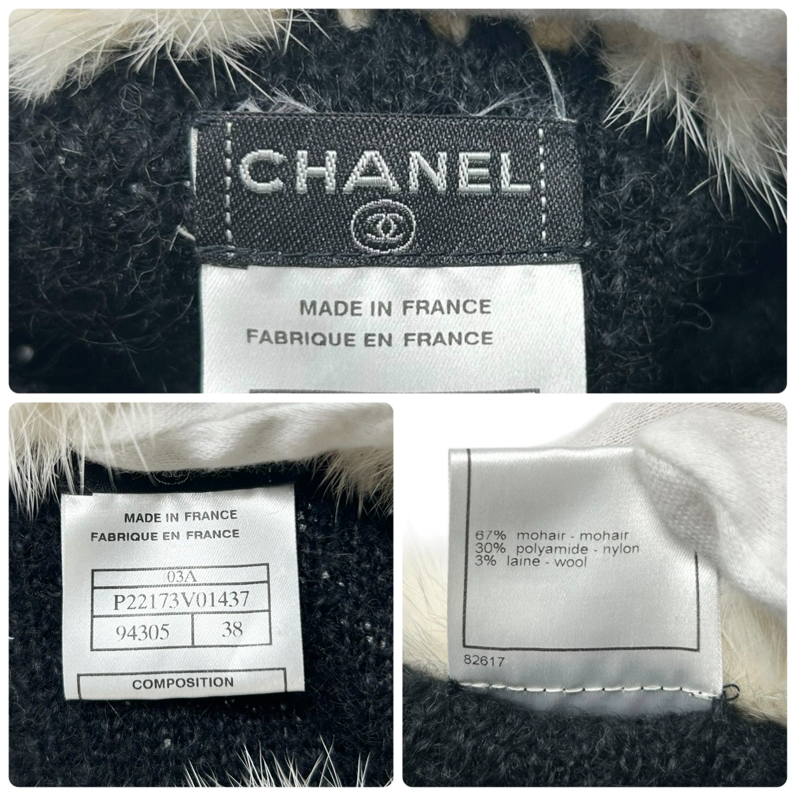 CHANEL Vintage 03A CC Logo Mohair Knit Fur Jacket Pocket Button #38 Black Cream