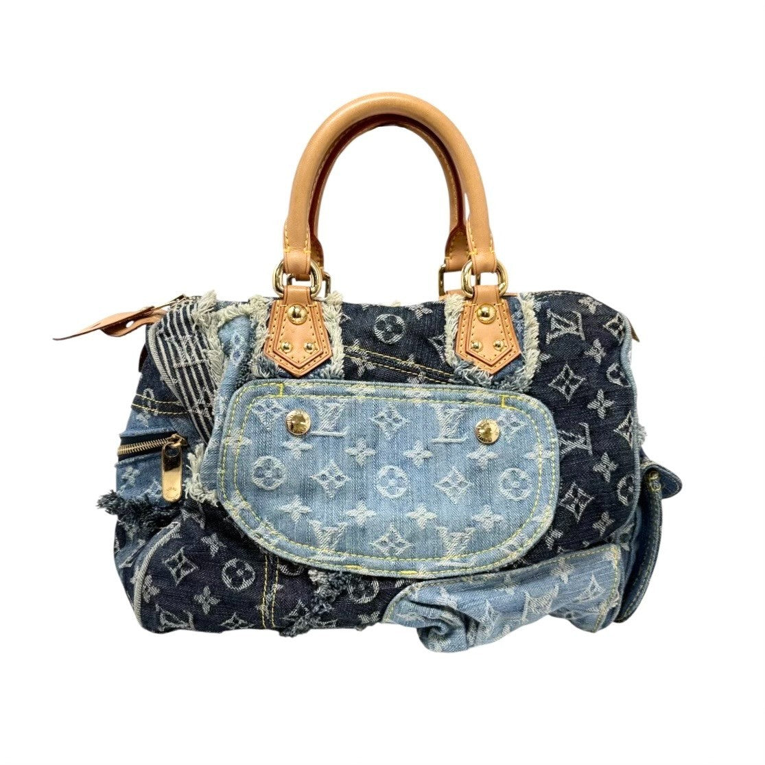 LOUIS VUITTON Vintage Monogram Patchwork Denim Speedy 30 Boston Bag Blue Brown