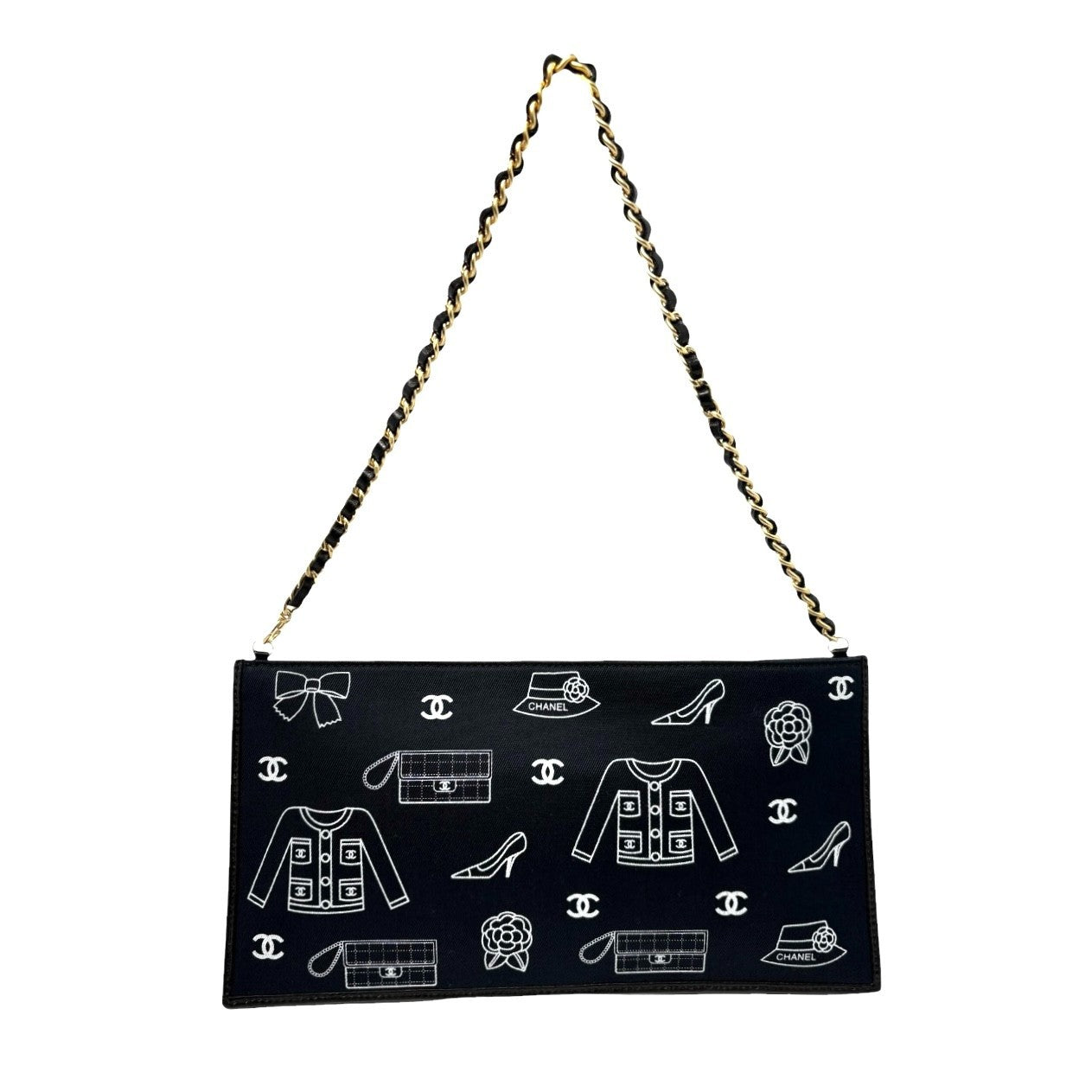 CHANEL Vintage CC Logo Icon Print Canvas Shoulder Bag Pochette Dark Blue Chain