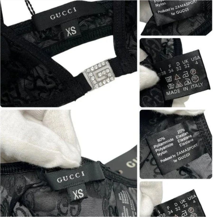 GUCCI Vintage GG Monogram Logo Bra Shorts Set #XS Underwear Black Nylon