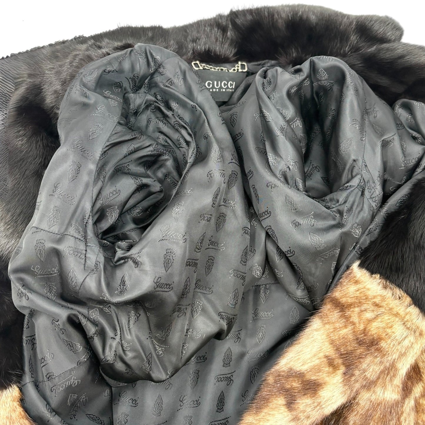 GUCCI Vintage Logo Belted Fur Leopard Long Coat Jacket #40 Black Brown Leather