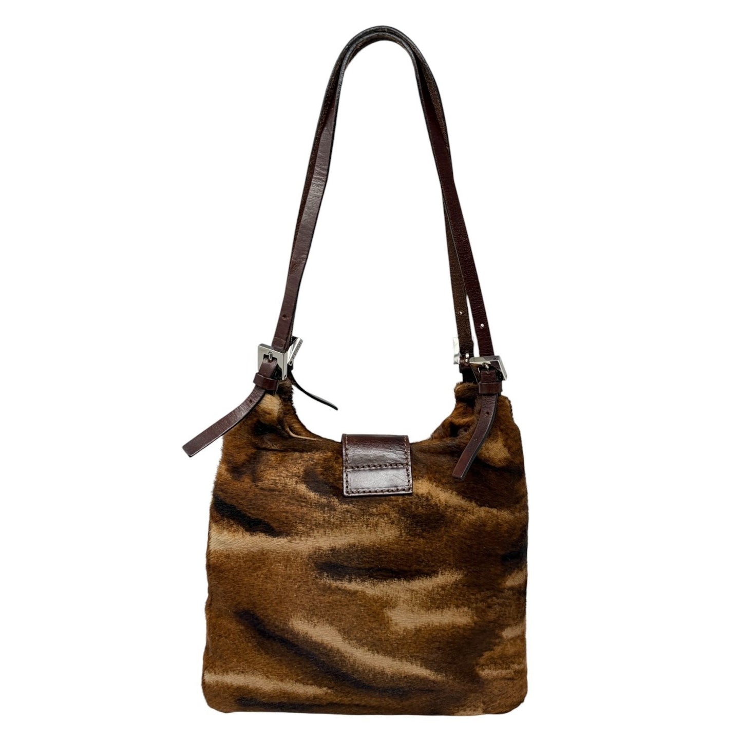 FENDI Vintage FF Pony Calf Hair Shoulder Bag Brown Beige Silver Leather 902217