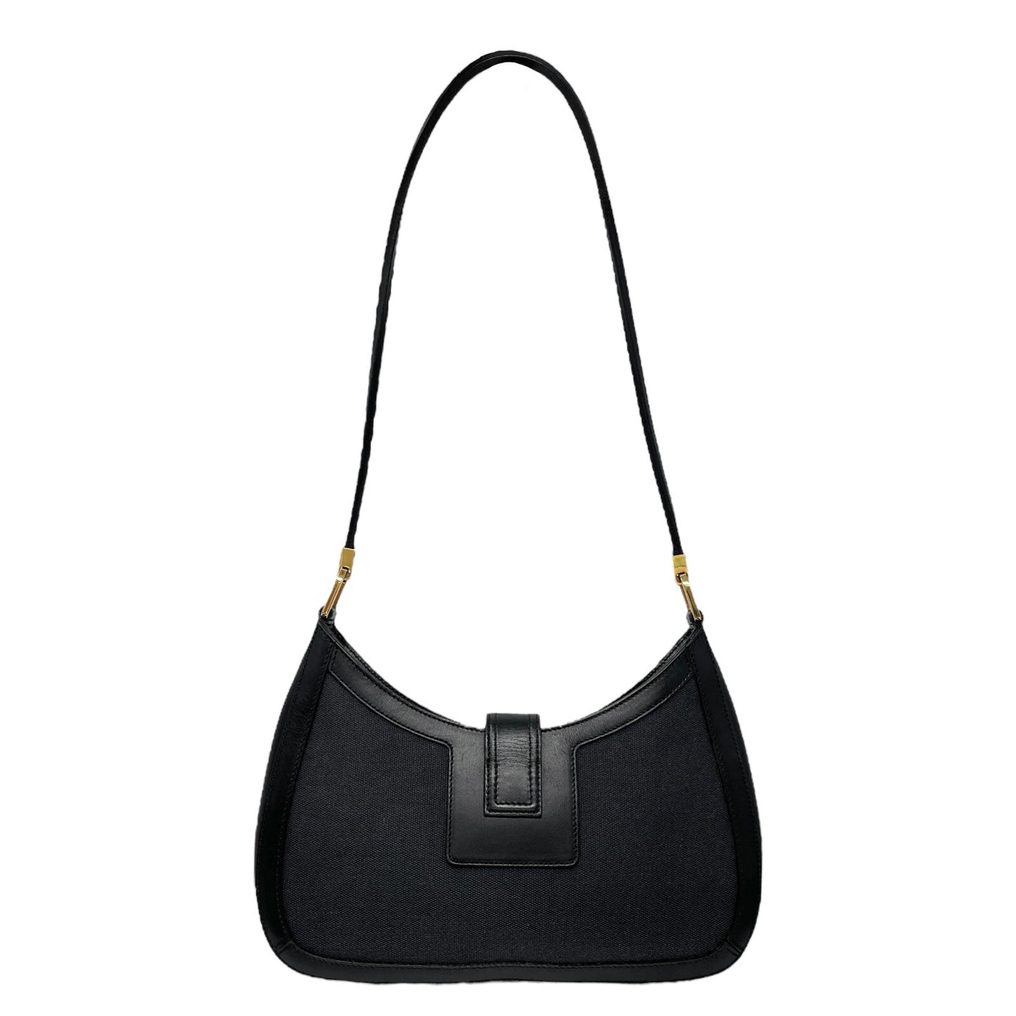 GUCCI Vintage G Square Logo Shoulder Bag Magnet Black Gold Cotton Leather