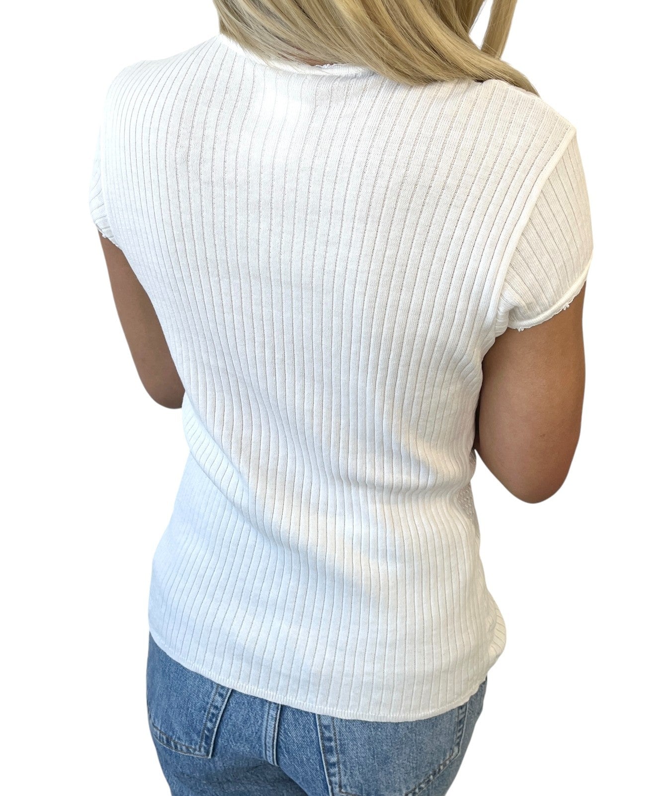 CHANEL Vintage 04P CC Mark Logo Knit T-shirt Top Rib Short Sleeve White Cotton