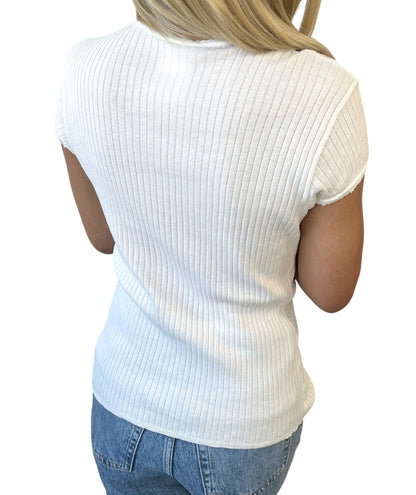 CHANEL Vintage 04P CC Mark Logo Knit T-shirt Top Rib Short Sleeve White Cotton