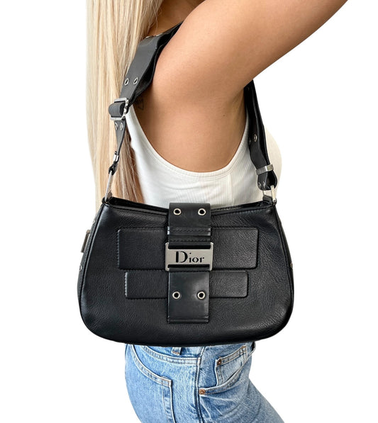 Christian Dior Vintage Street Chic Shoulder Bag Black Silver Leather 902204