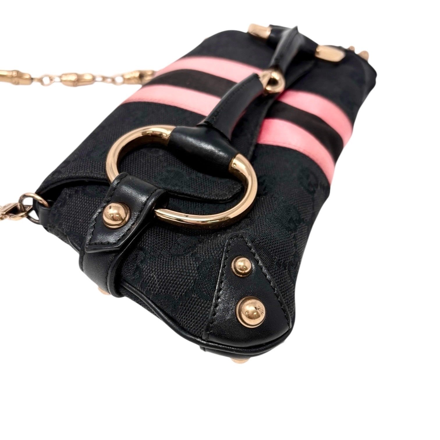 GUCCI Vintage GG Logo Monogram Horsebit Shoulder Clutch Bag Chain Black Pink