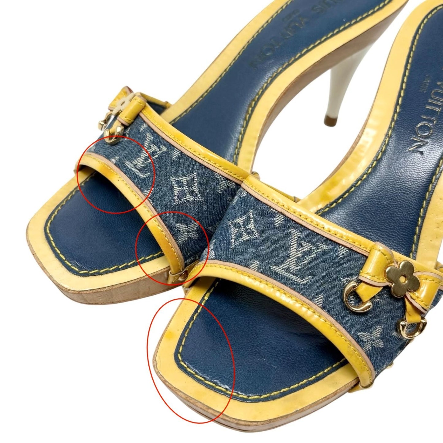 LOUIS VUITTON Vintage Monogram Denim Sandals #36-36.5 Blue Yellow Leather 901872