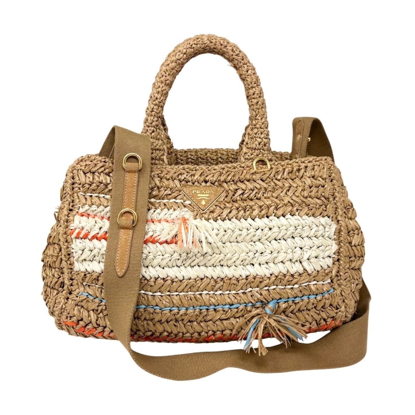PRADA Vintage Raffia Straw Tote Crossbody Bag 2way Brown Multicolor 901877
