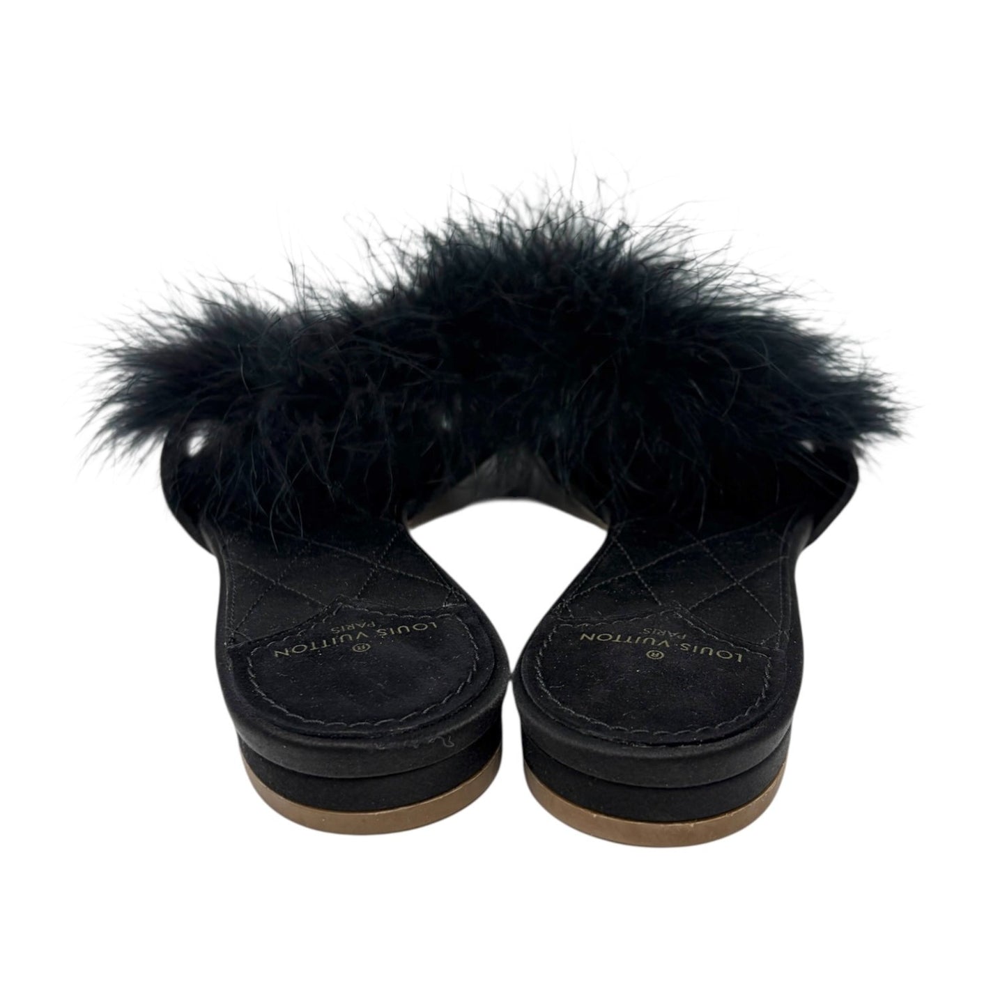 LOUIS VUITTON LV Bijou Logo Fur Flat Sandals #38 Rhinestone Black Satin
