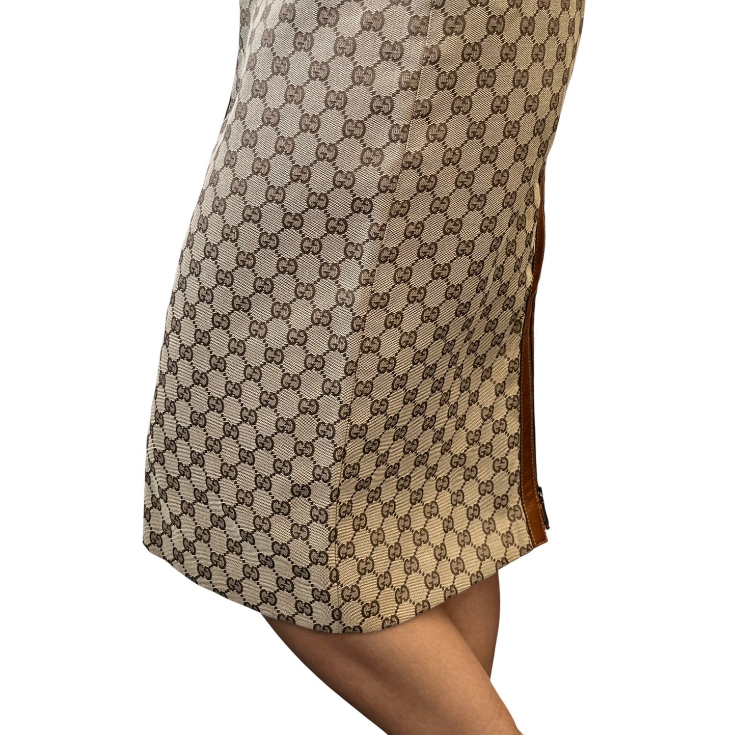 GUCCI Vintage GG Monogram Zip Knee Length Skirt #38 Beige Canvas Leather 902232