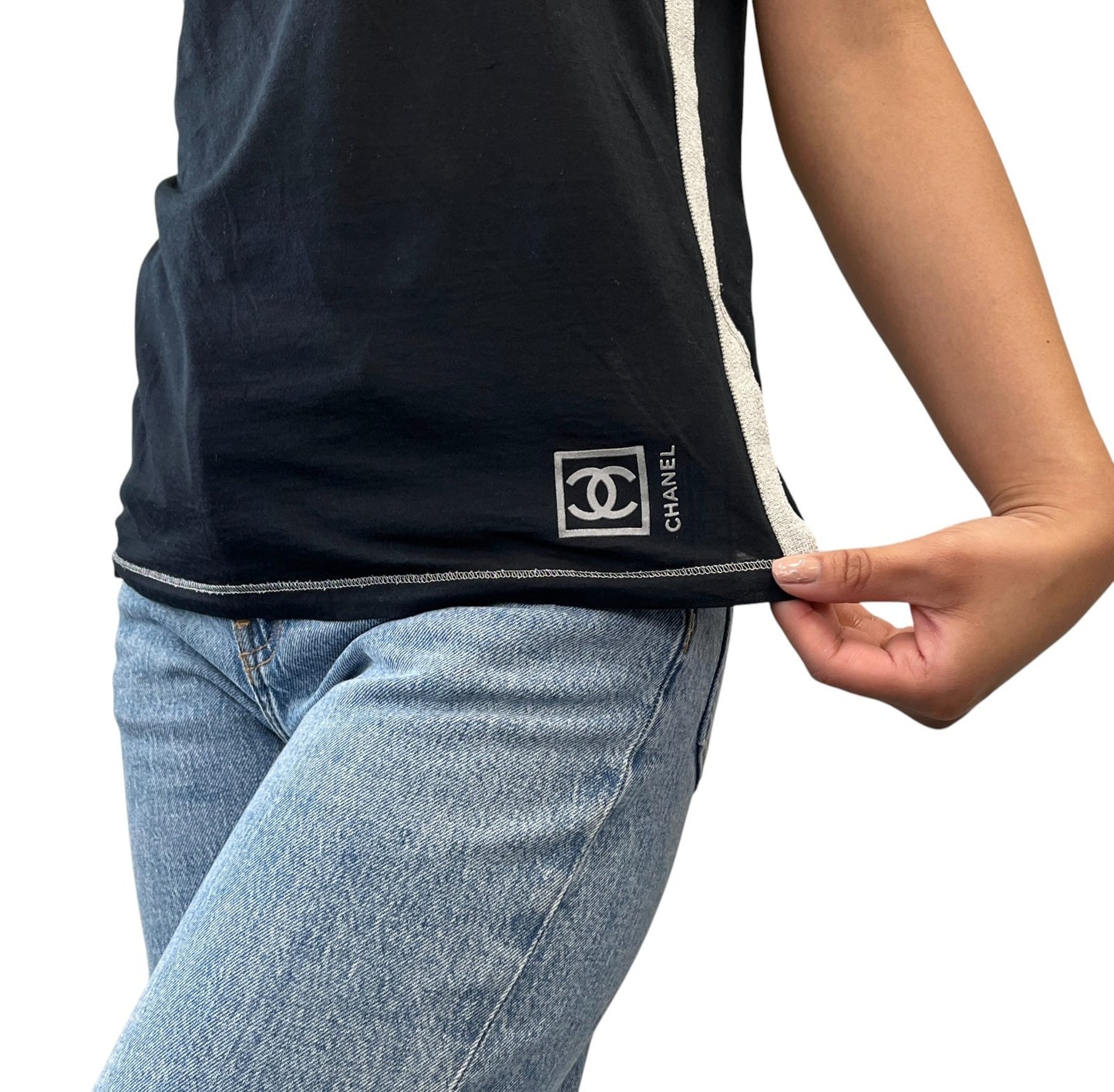 CHANEL Sport Vintage 06P CC Logo Side Stripe Tank Top #40 Black Silver 901948