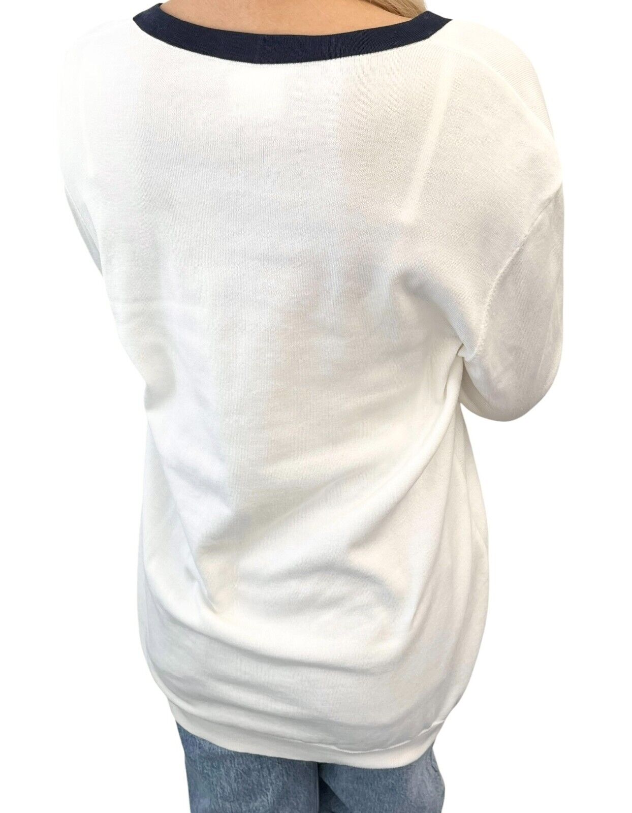 CHANEL Vintage 96P CC Logo Button Cardigan Knit Top #44 White Blue Cotton