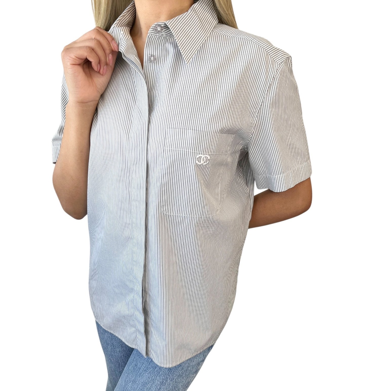 CHANEL Vintage 99P CC Logo Short Sleeve Shirt #40 Stripe Blouse Top Gray Pocket