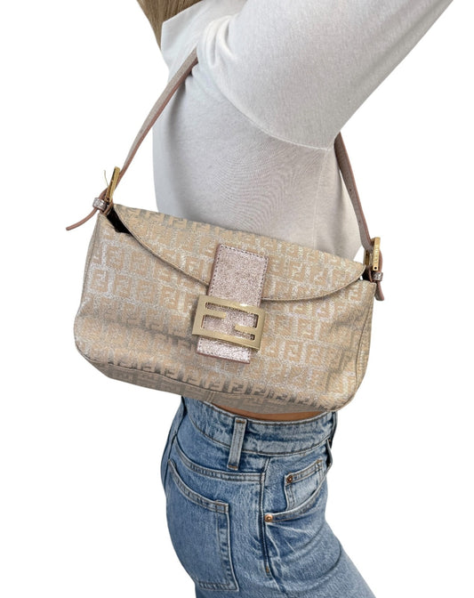 FENDI Vintage FF Logo Zucchino Mamma Baguette Glitter Shoulder Bag Pink