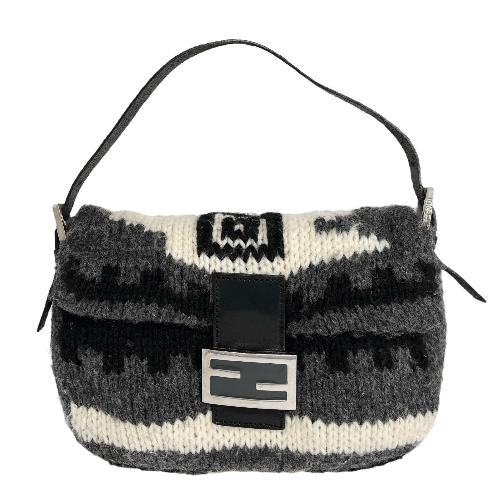 FENDI Vintage FF Logo Knit Mamma Baguette Shoulder Bag Black Gray Silver Wool