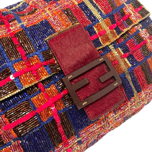 FENDI Vintage FF Logo Beads Mamma Baguette Shoulder Bag Plaid Red Blue Leather
