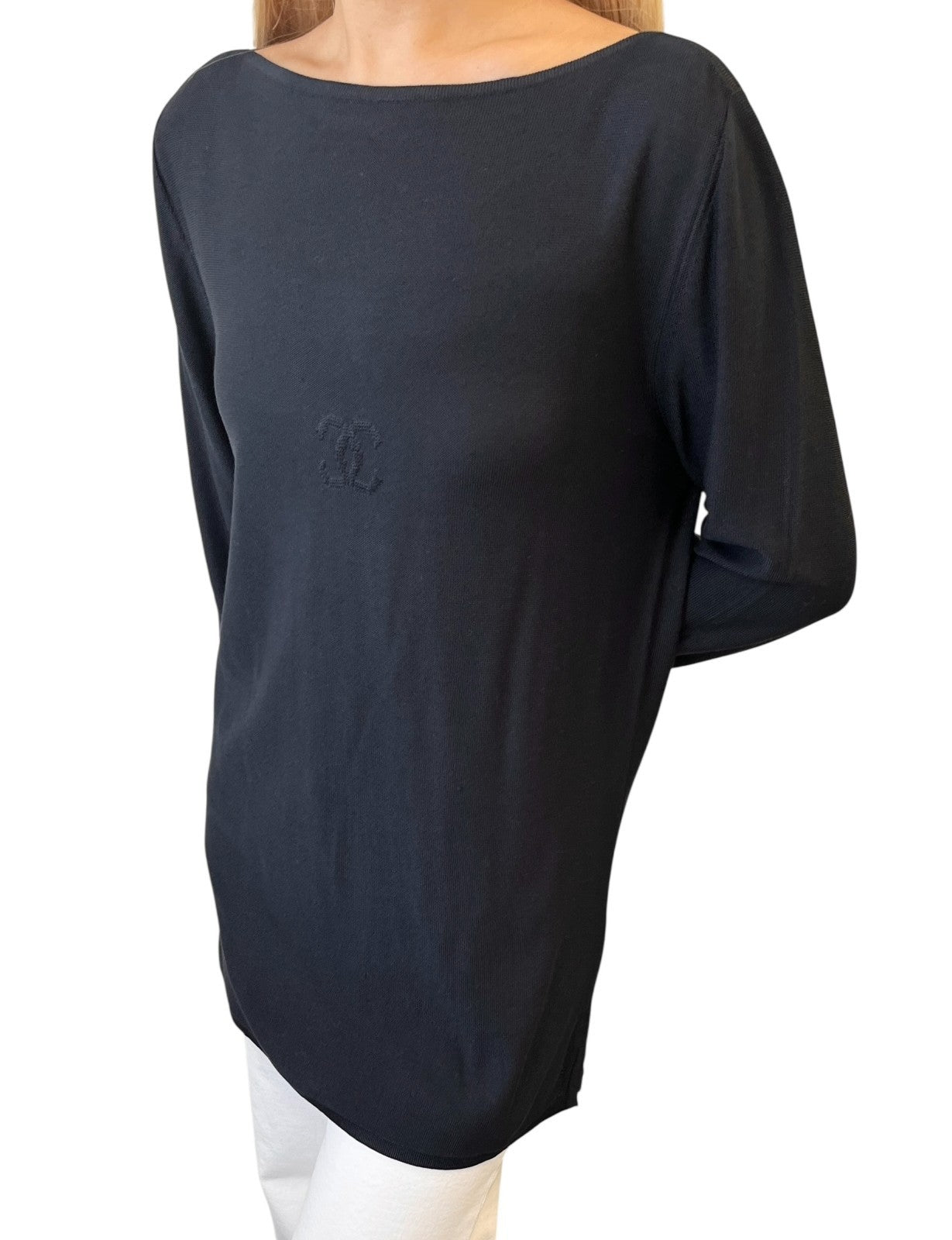 CHANEL Vintage 98P CC Mark Logo Silk Knit Long-sleeve Top #38 Black T-shirt