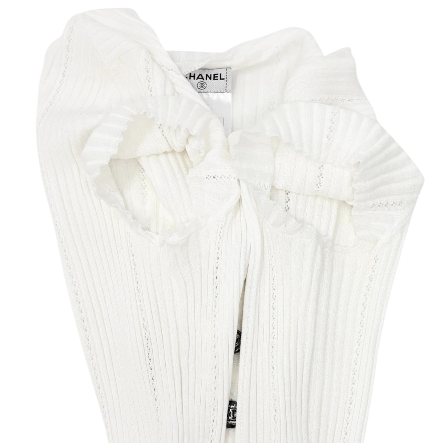 CHANEL Vintage 08P CC Mark Logo Rib Knit T-shirt Top #38 White Gray Cotton