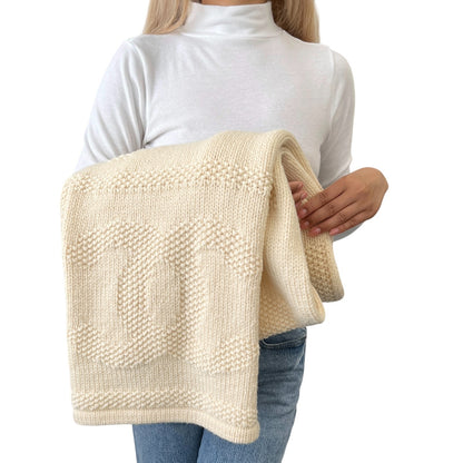 CHANEL Vintage CC Logo Knit Scarf Wrap Accessory Cream Wool Stitch