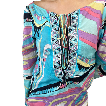EMILIO PUCCI Vintage Logo Multicolor Abstract Print Tunic Top Blue 901935