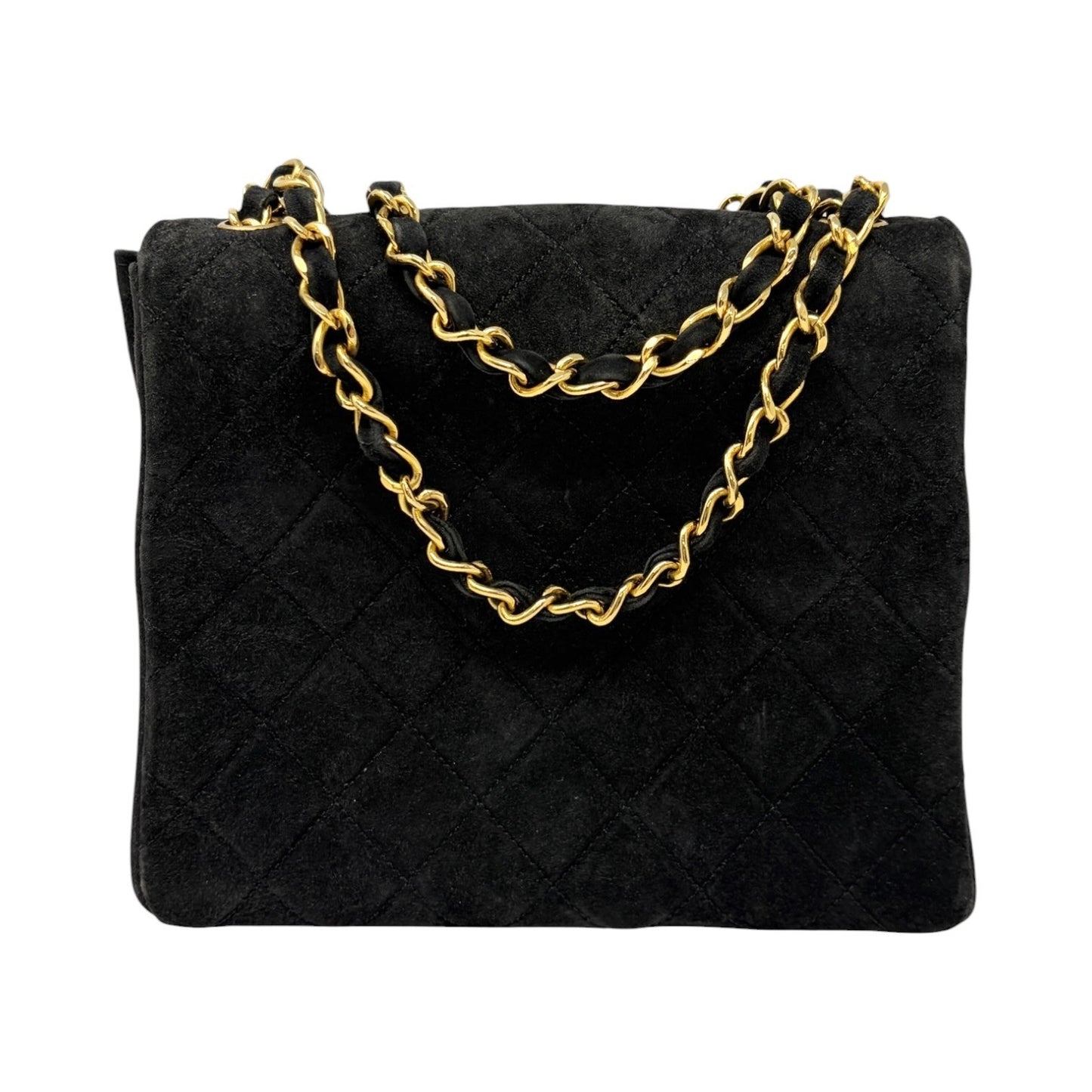CHANEL Vintage CC Quilted Chain Crossbody Shoulder Bag Black Gold Suede 902220