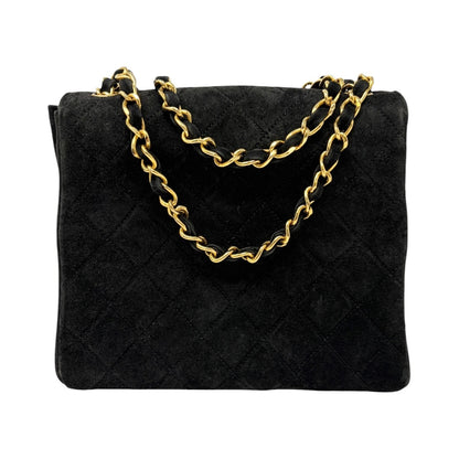 CHANEL Vintage CC Quilted Chain Crossbody Shoulder Bag Black Gold Suede 902220