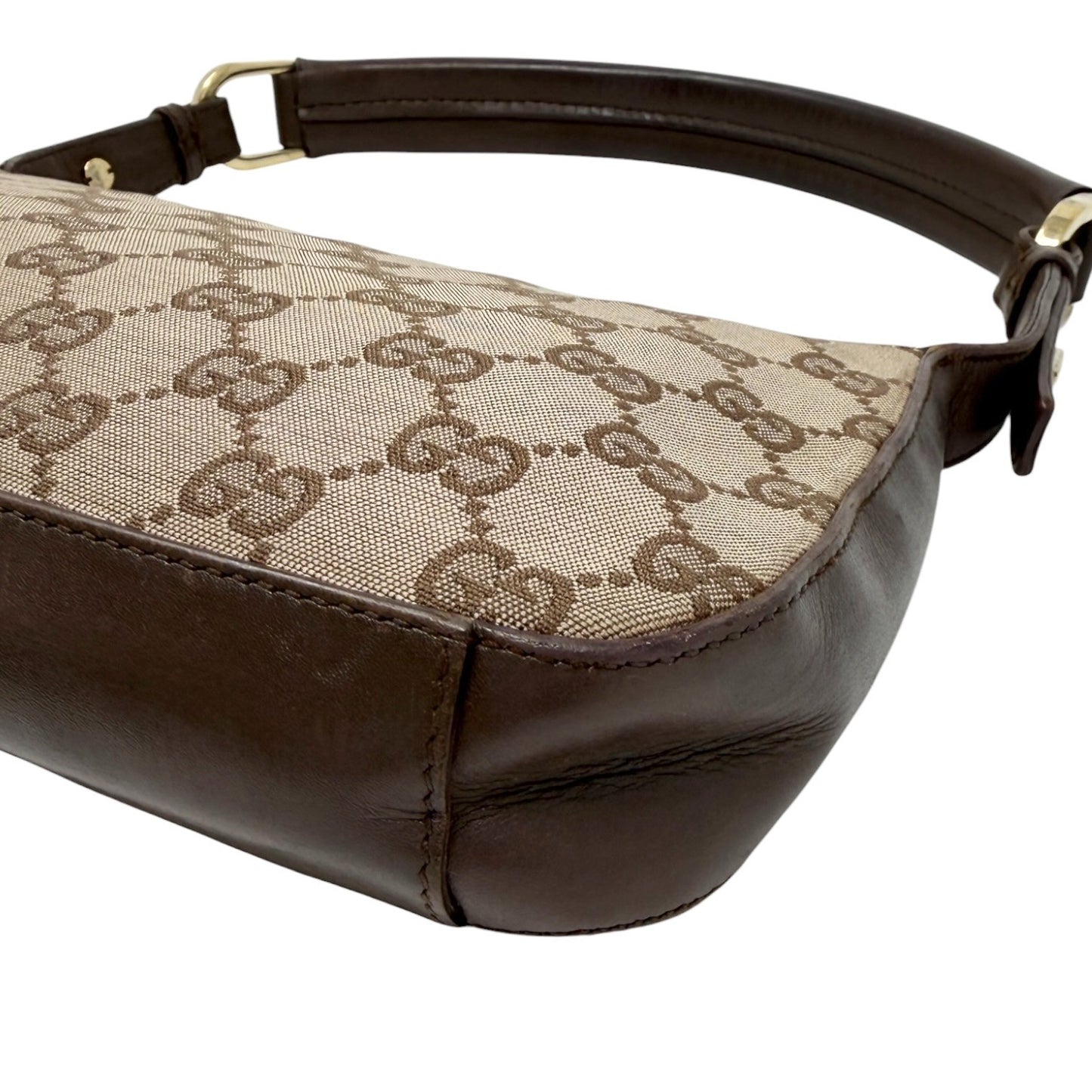 GUCCI Vintage GG Monogram Logo Canvas Shoulder Bag Leather Brown Gold 902399