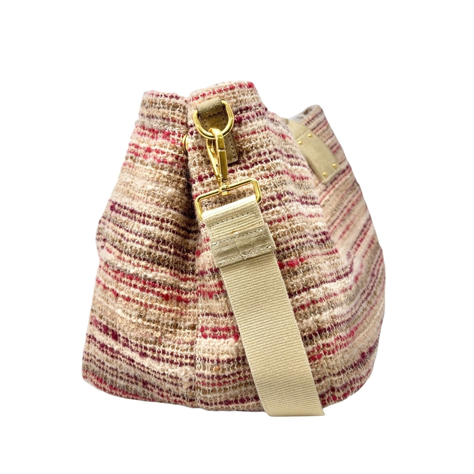 PRADA Vintage Logo Tweed 2way Tote Bag Crossbody Pink Cream Gold Wool Suede