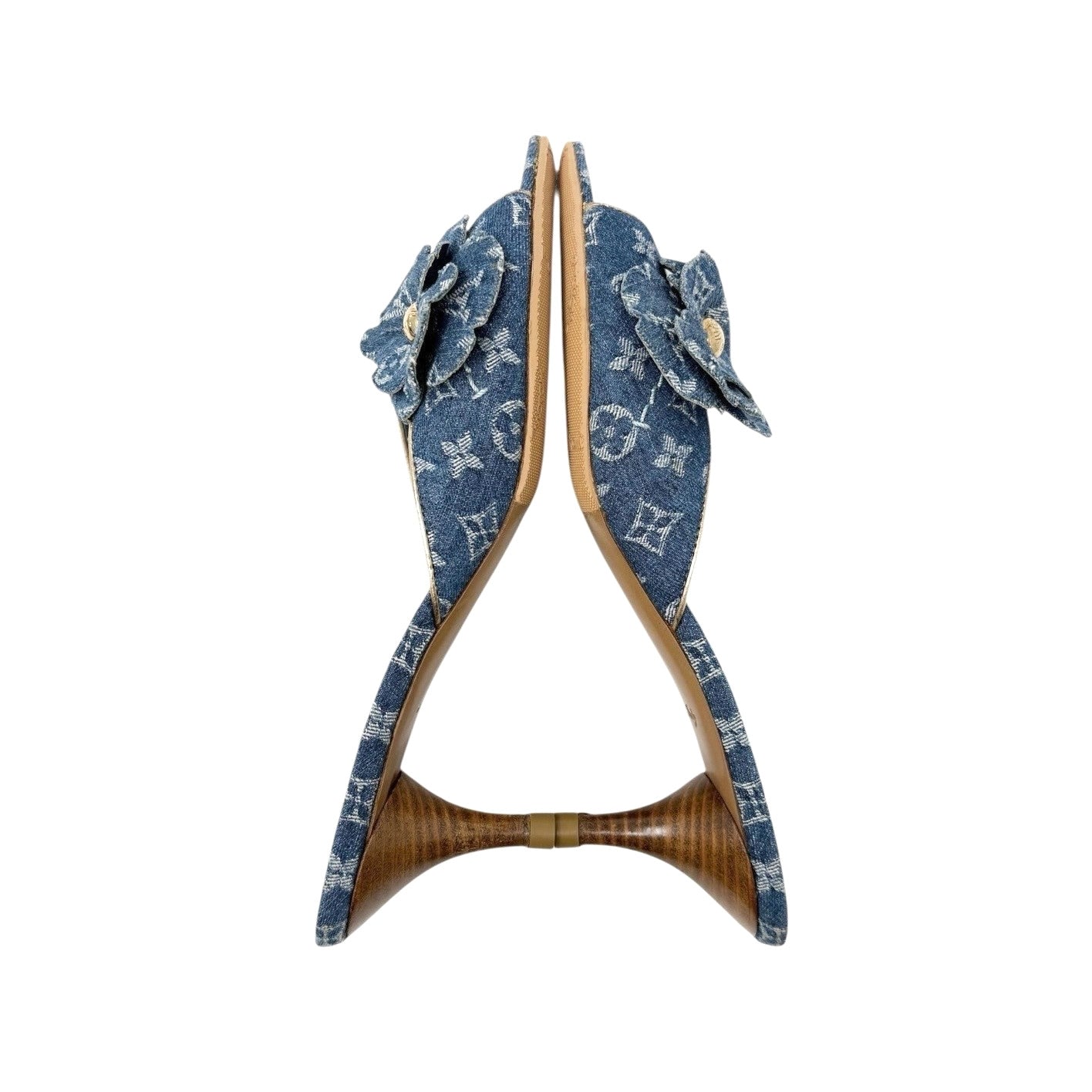 LOUIS VUITTON Vintage LV Monogram Denim Flower Heels Sandals #37 Blue Gold