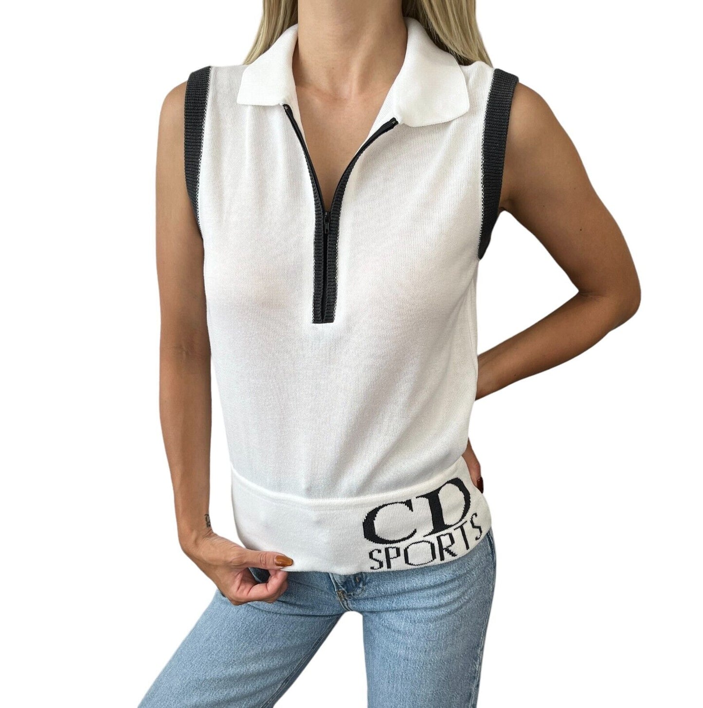 Christian Dior Sports Vintage Big Logo Sleeveless Top #S White Cotton Rank AB