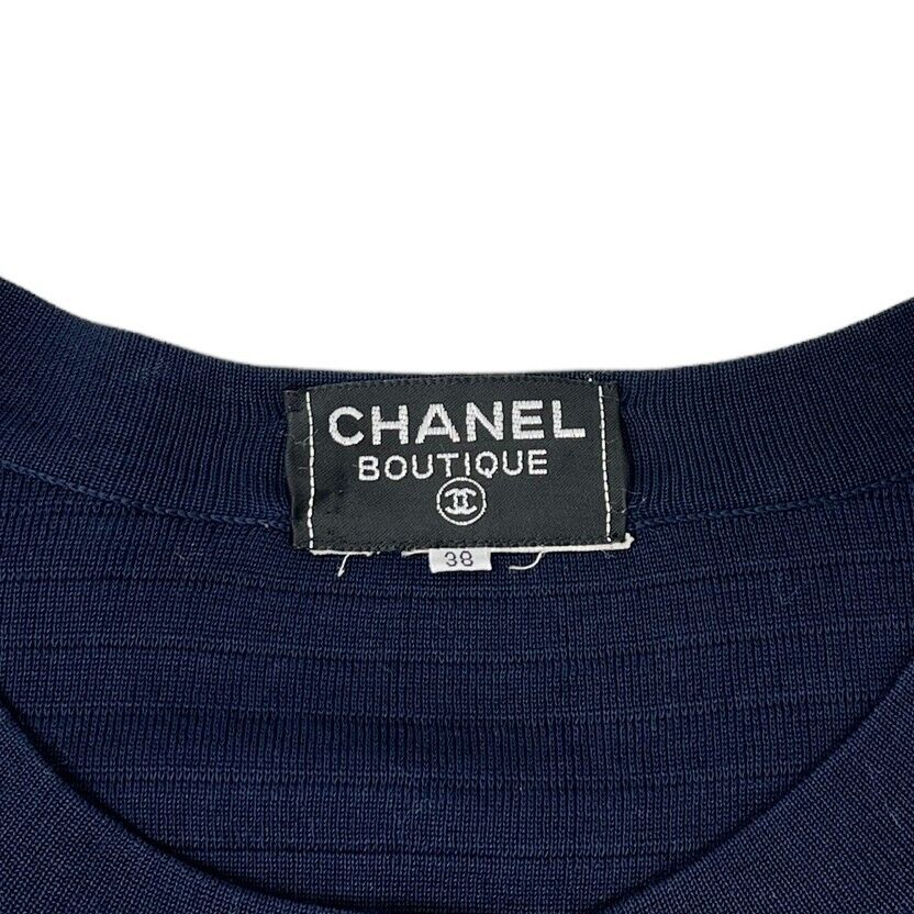 CHANEL Vintage CC Mark Gold Button Cardigan Top #38 Dark Blue Cotton Rank AB