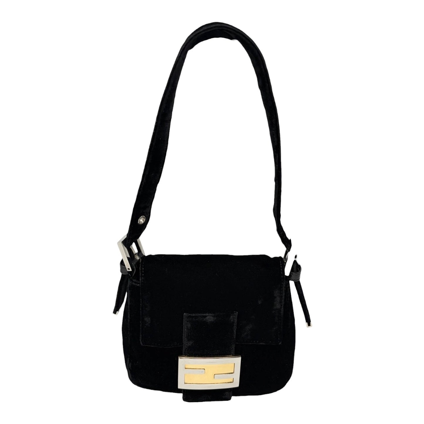 FENDI Vintage FF Logo Mamma Baguette Shoulder Bag Black Silver Velour 902207