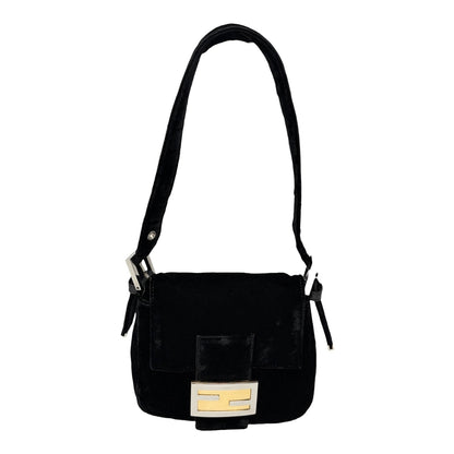 FENDI Vintage FF Logo Mamma Baguette Shoulder Bag Black Silver Velour 902207