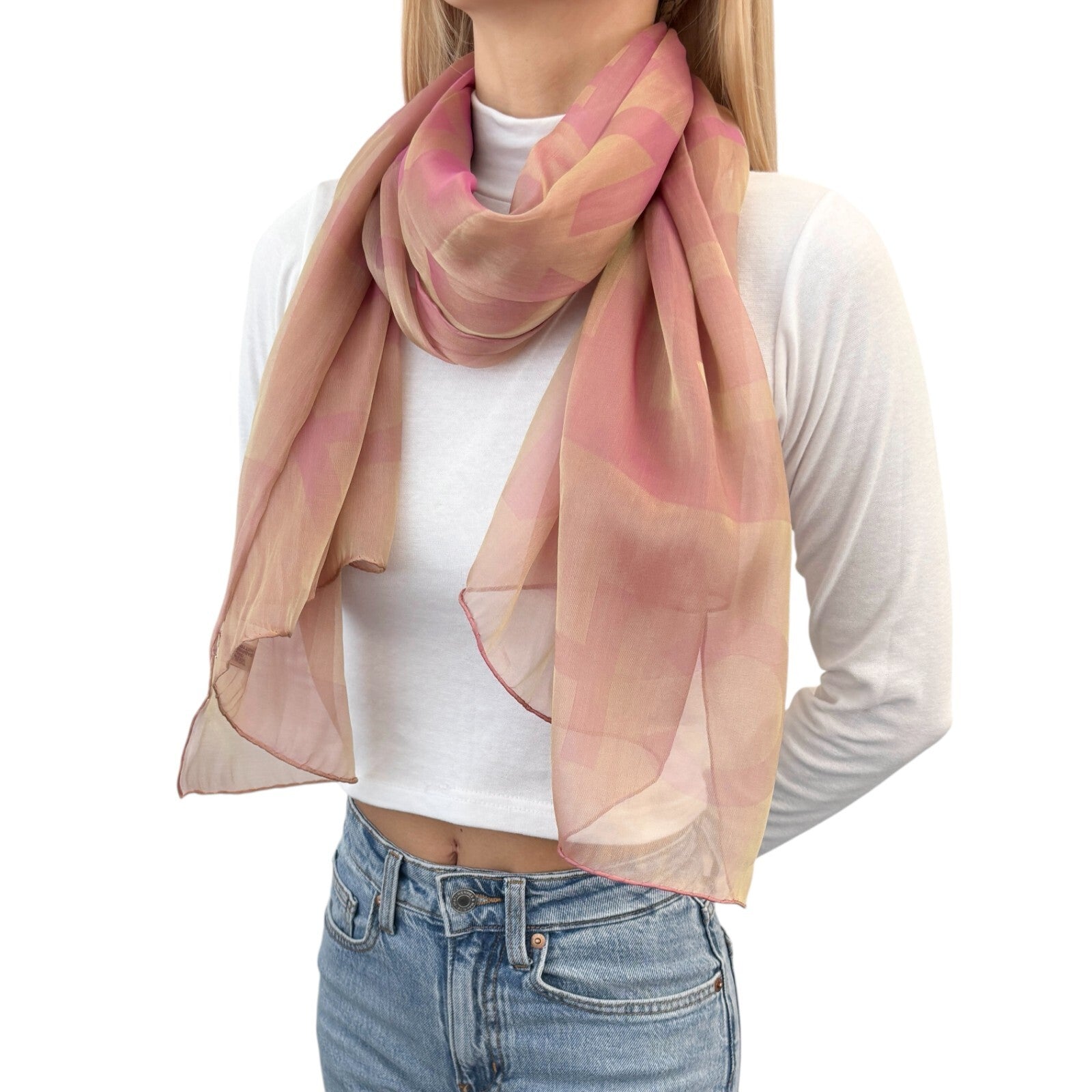 CHANEL Vintage Big CC Logo See-through Scarf Shawl Wrap Pink Cream Silk