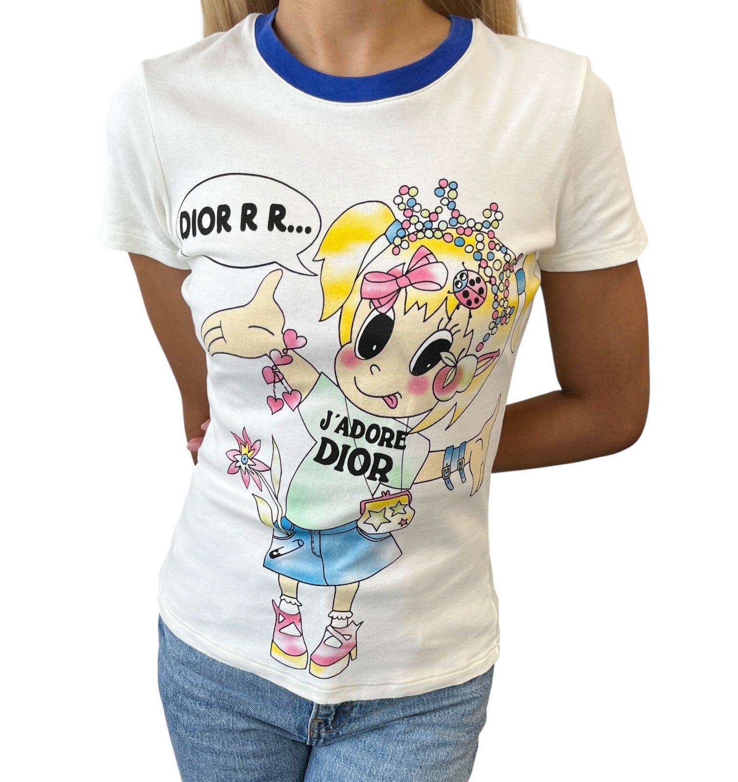Christian Dior Vintage 2005 J'ADORE Cartoon T-shirt Top #40 White Multicolor