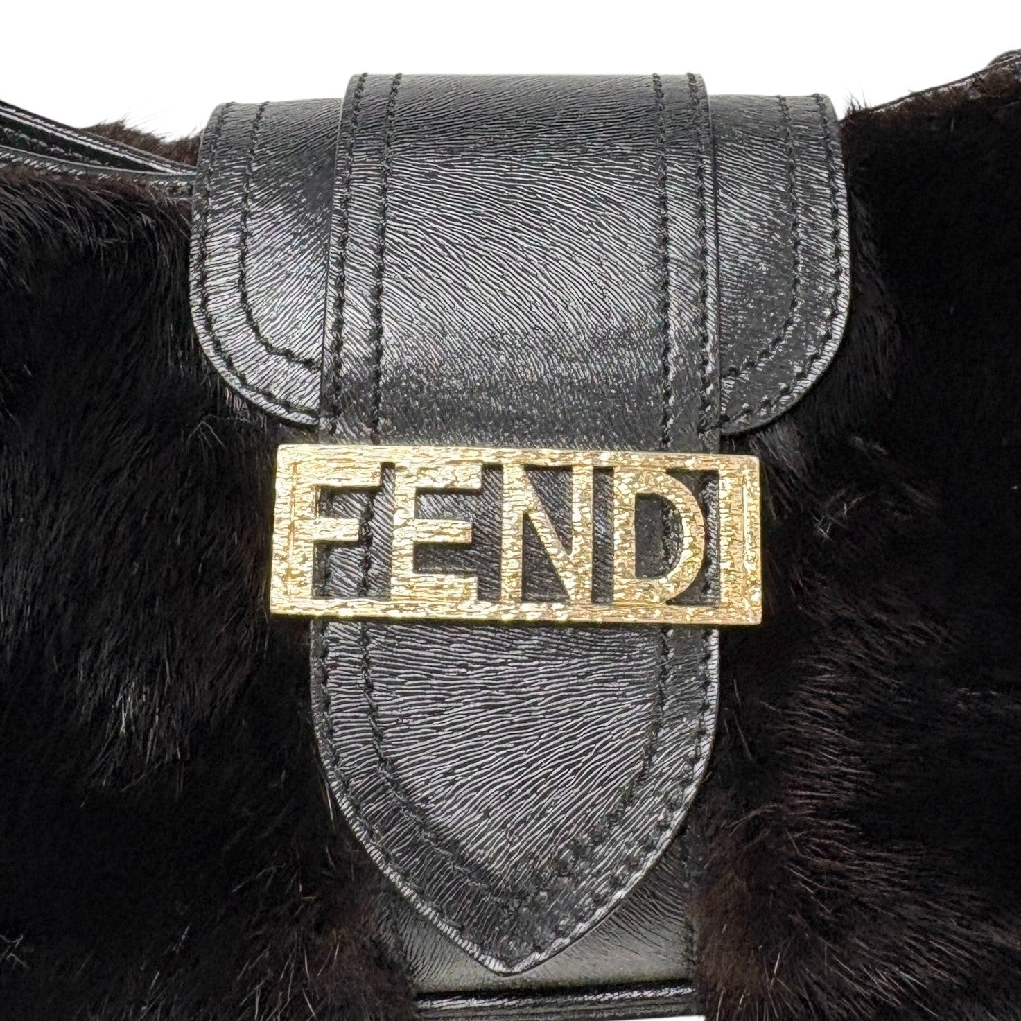 FENDI Vintage Logo Fur Baguette Mini Shoulder Bag Handbag Black Gold Leather