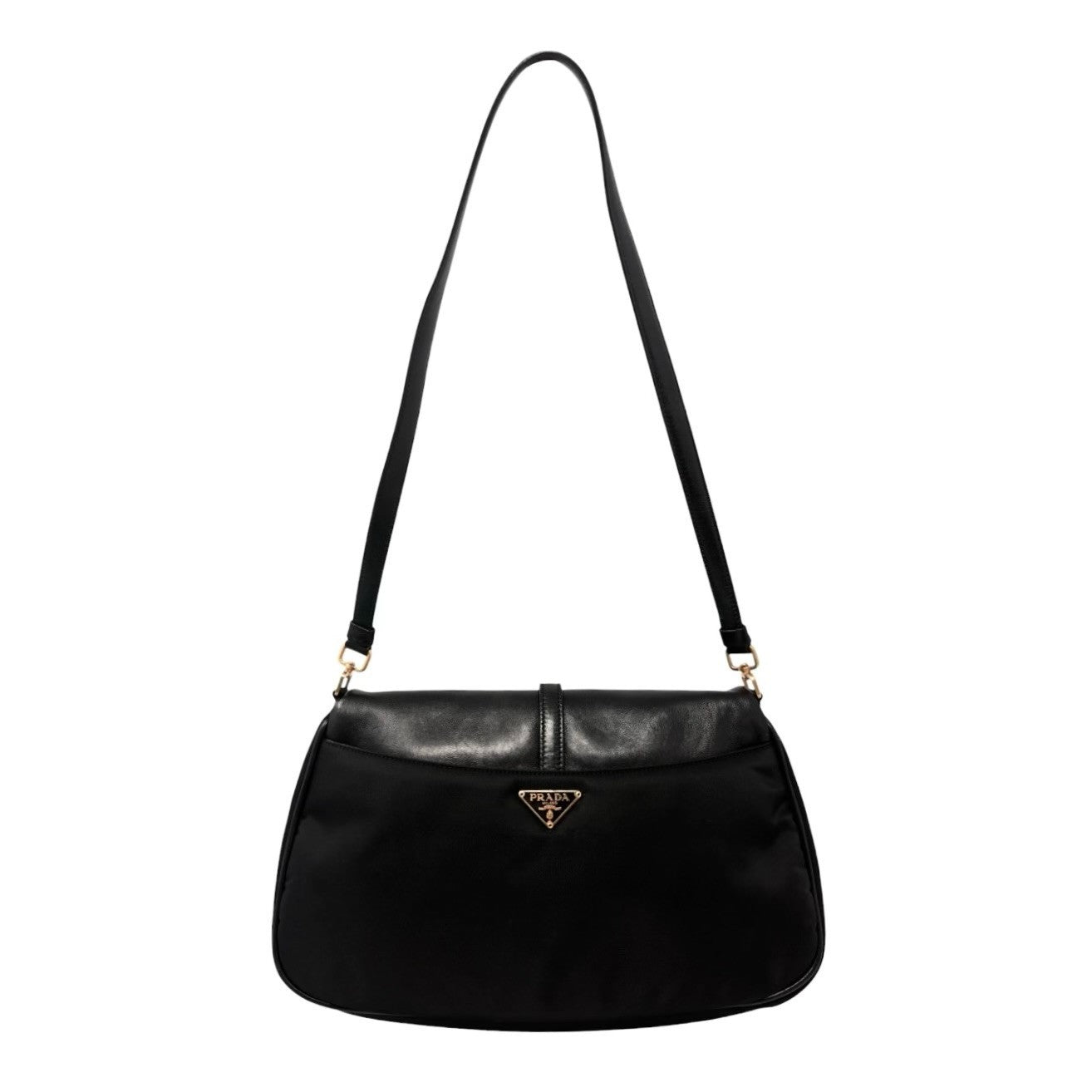 PRADA Vintage Triangle Logo Tessuto Nylon Shoulder Bag Black Leather 901925