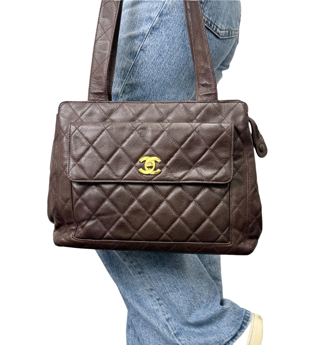 CHANEL Vintage CC Turnlock Quilted Front Pocket Shoulder Tote Bag Brown 902920
