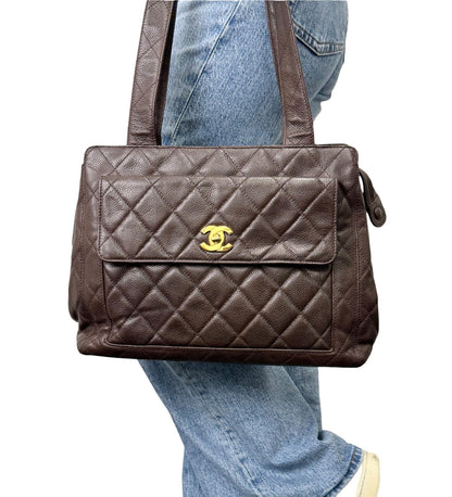 CHANEL Vintage CC Turnlock Quilted Front Pocket Shoulder Tote Bag Brown 902920